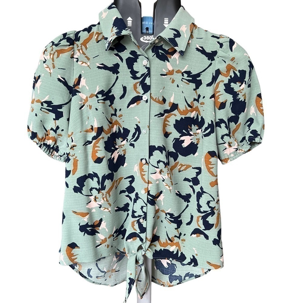 Nine West Women’s Blue Green Floral Short Sleeve Button Up Tie Front Shirt Sz XS